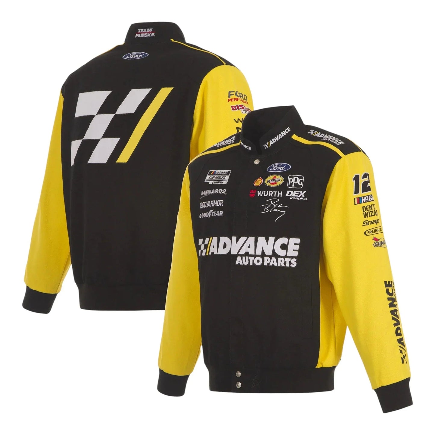 Men's Ryan Blaney JH Design Black/Yellow Advance Auto Parts Twill Driver Uniform Full-Snap Jacket