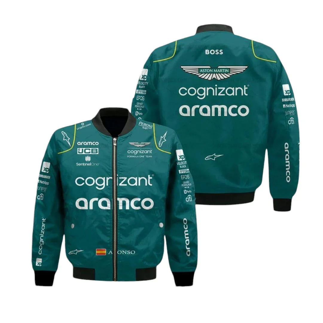 Aston Martin Aramco Cognizant F1 2023 Official Fernando Alonso Team Driver Bomber Jacket - F1 Vintage Racewear