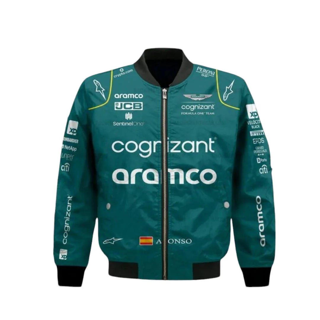 Aston Martin Aramco Cognizant F1 2023 Official Fernando Alonso Team Driver Bomber Jacket - F1 Vintage Racewear