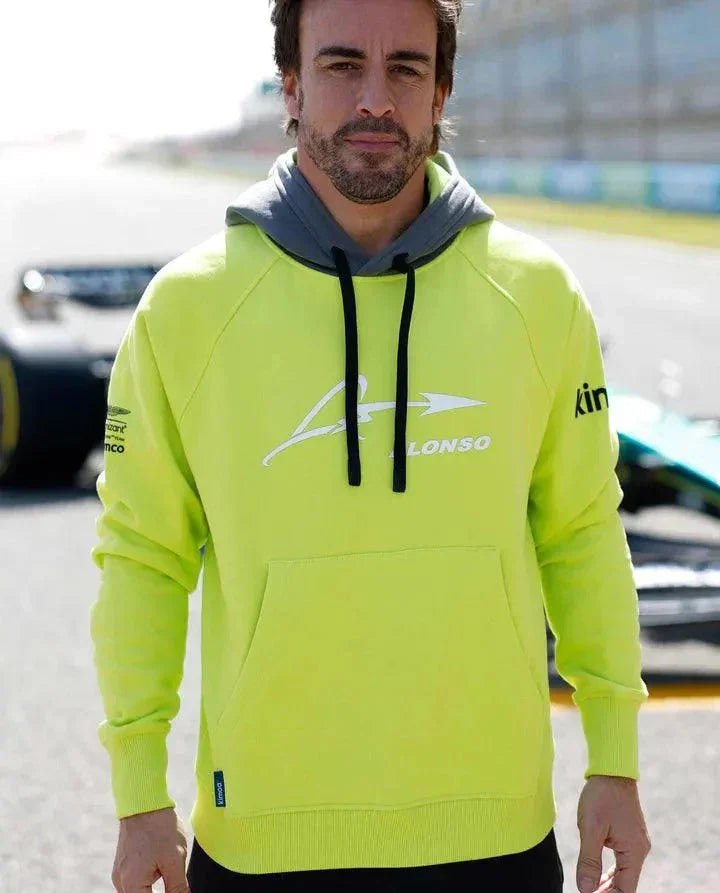 Aston Martin Cognizant F1 Kimoa Fernando Alonso Men's Lifestyle Hoodie- Lime - F1 Vintage Racewear