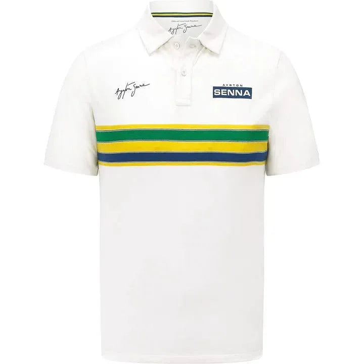 Ayrton Senna Men's Helmet Striped Polo Shirt - F1 Vintage Racewear