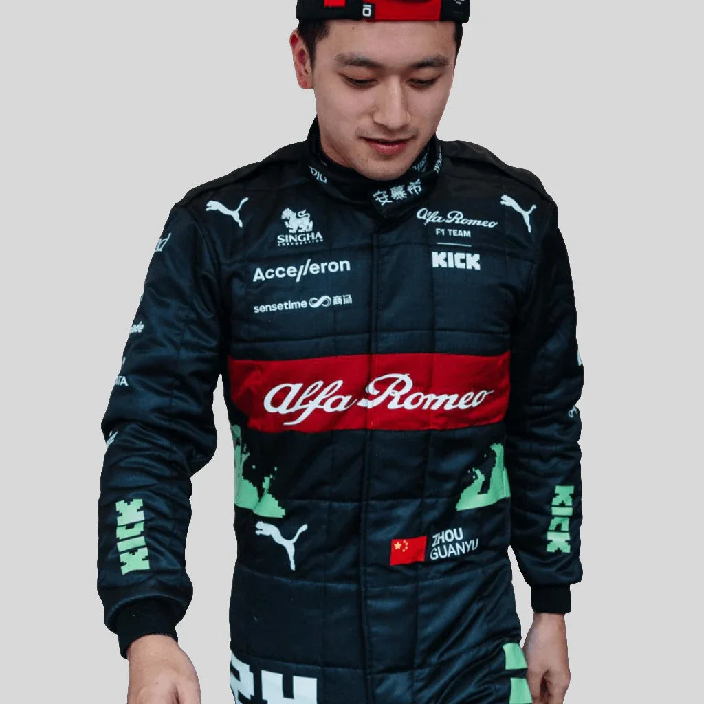 NEW ZHOU GUANYU 2023 ALFA ROMEO F1 TEAM KICK REPLICA RACE SUIT - BELGIAN GP - F1 Vintage Racewear