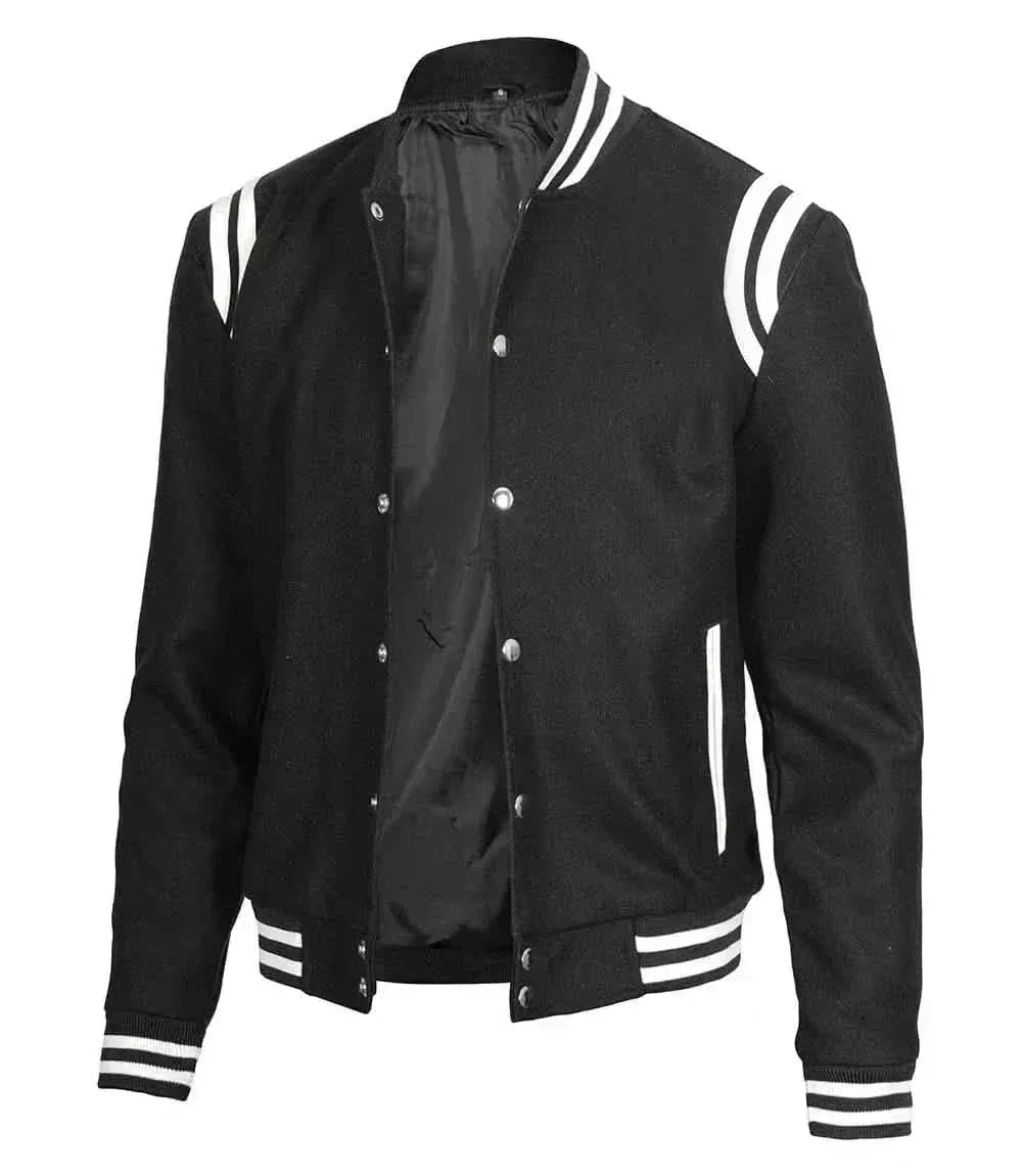 Mens Wool Black Varsity Jacket with White Detailing | Letterman Style - F1 Vintage Racewear
