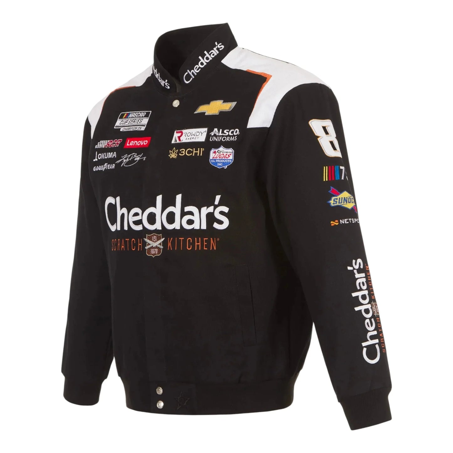 Men's Kyle Busch JH Design Black Cheddar's Twill Uniform Full-Snap Jacket - F1 Vintage Racewear