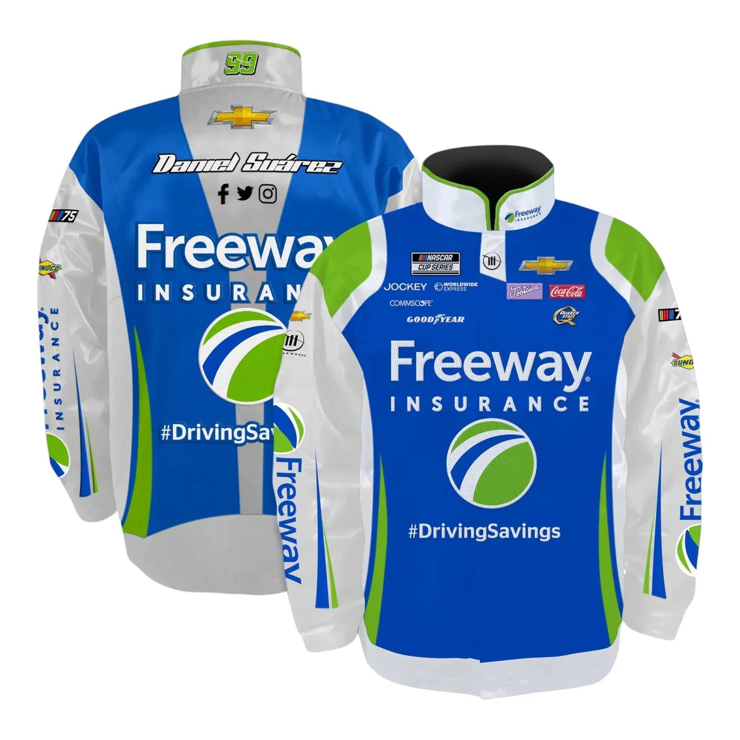 Men's Daniel Suarez Trackhouse Racing Team Collection Black Freeway Insurance Nylon Uniform Full-Snap Jacket - F1 Vintage Racewear