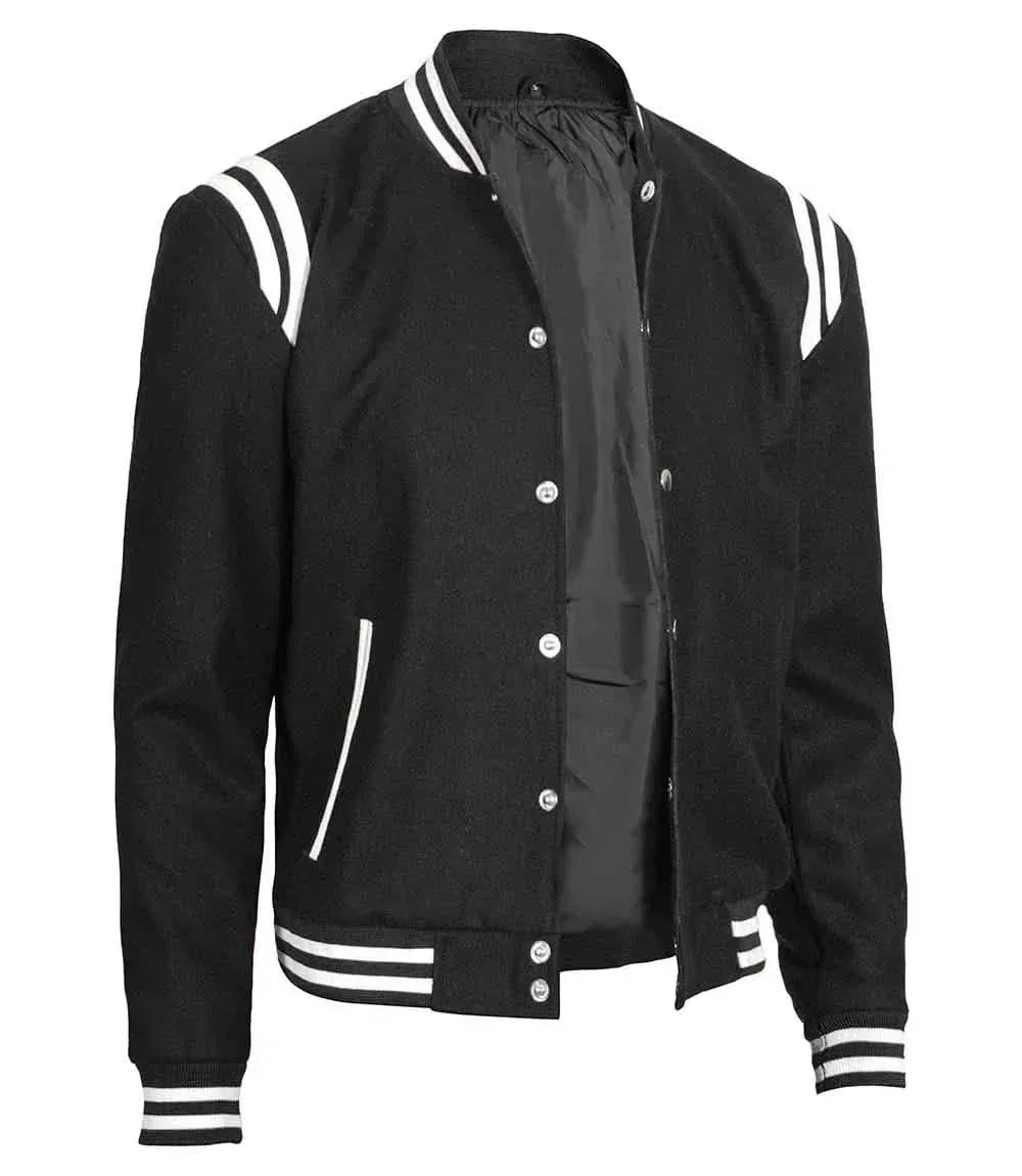 Mens Wool Black Varsity Jacket with White Detailing | Letterman Style - F1 Vintage Racewear