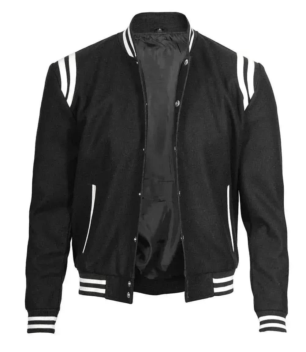 Mens Wool Black Varsity Jacket with White Detailing | Letterman Style - F1 Vintage Racewear