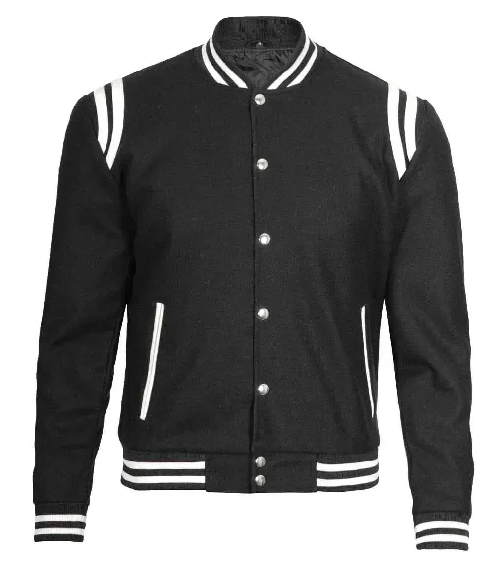 Mens Wool Black Varsity Jacket with White Detailing | Letterman Style - F1 Vintage Racewear