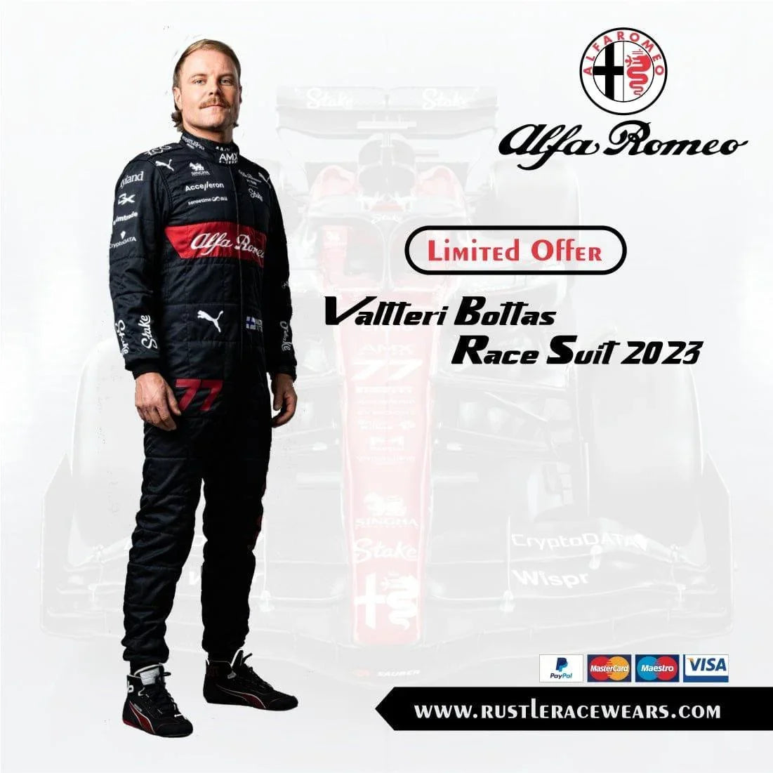 New Valtteri Bottas Alfa Romeo Race Suit 2023 F1 - F1 Vintage Racewear