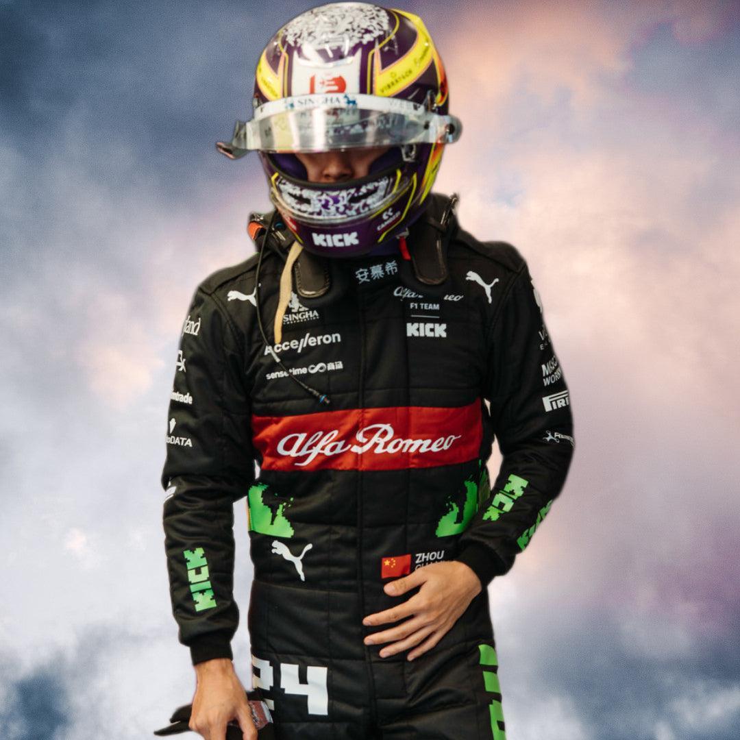 NEW ZHOU GUANYU 2023 ALFA ROMEO F1 TEAM KICK REPLICA RACE SUIT - BELGIAN GP - F1 Vintage Racewear