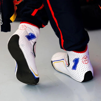 2025 Max Verstappen White Racing Shoes with Blue #1 and Lion Logo - F1 Vintage Racewear