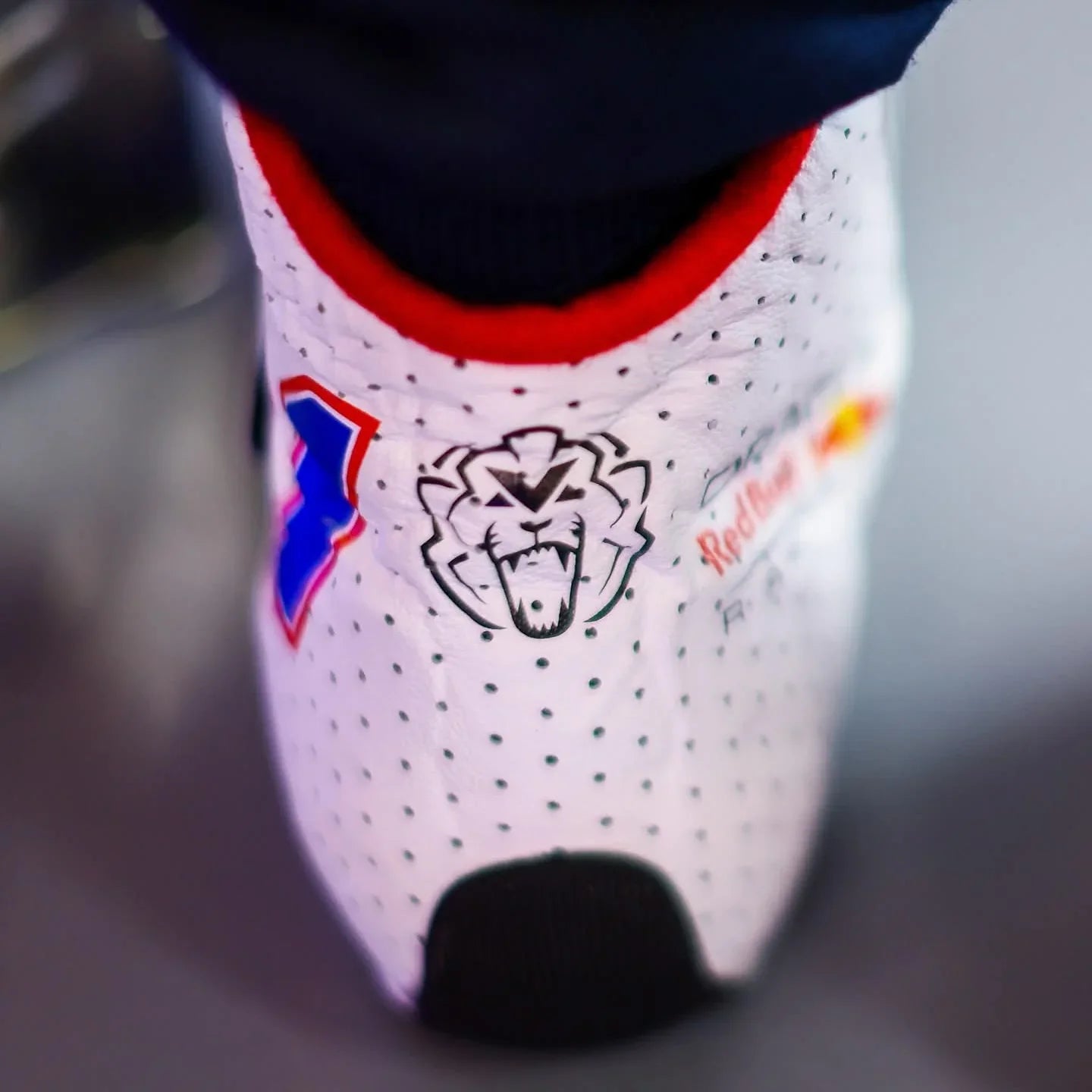2025 Max Verstappen White Racing Shoes with Blue #1 and Lion Logo