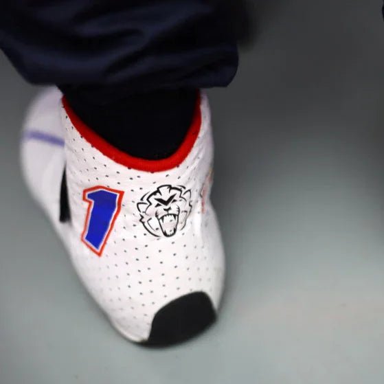 2025 Max Verstappen White Racing Shoes with Blue #1 and Lion Logo - F1 Vintage Racewear