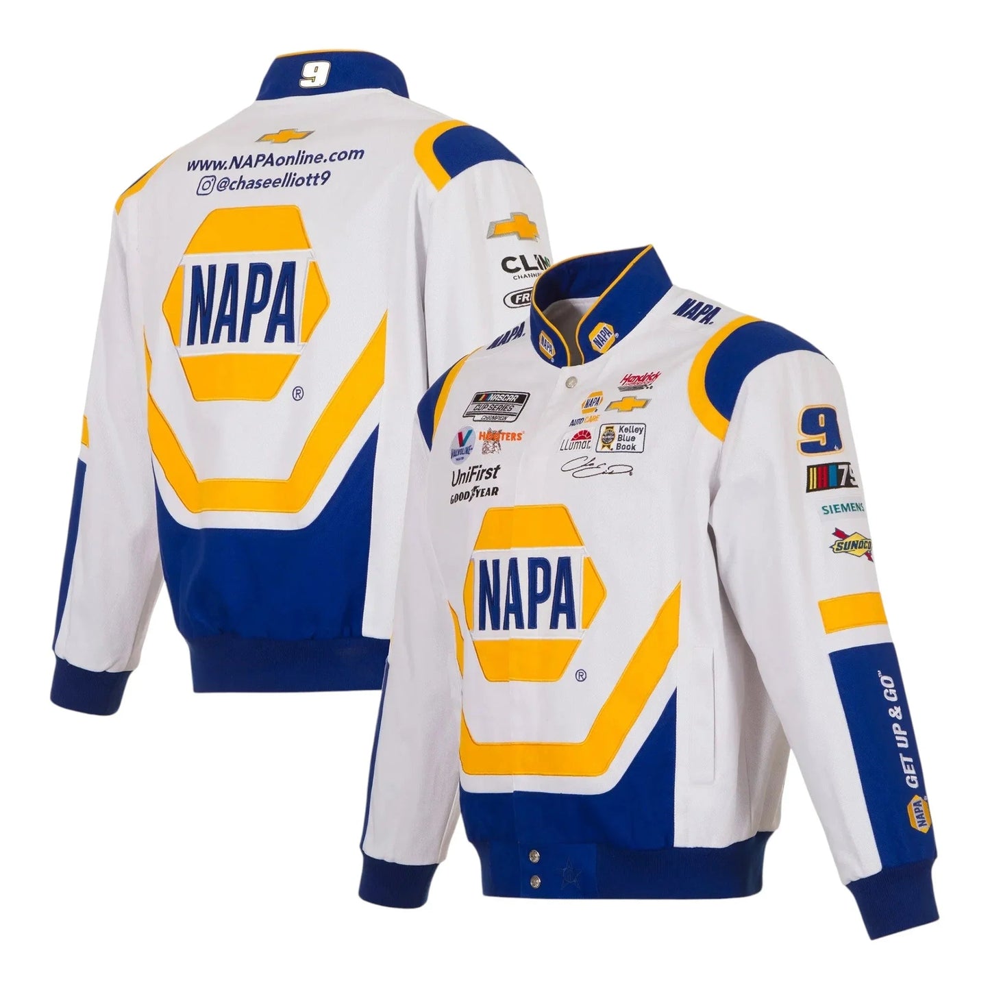 Men's Chase Elliott JH Design White/Royal NAPA Twill Driver Uniform Full-Snap Jacket