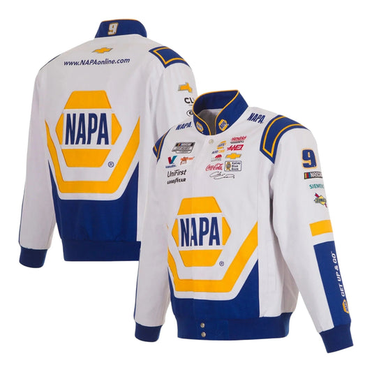 Men's Chase Elliott JH Design White NAPA Twill Driver Uniform Full-Snap Jacket