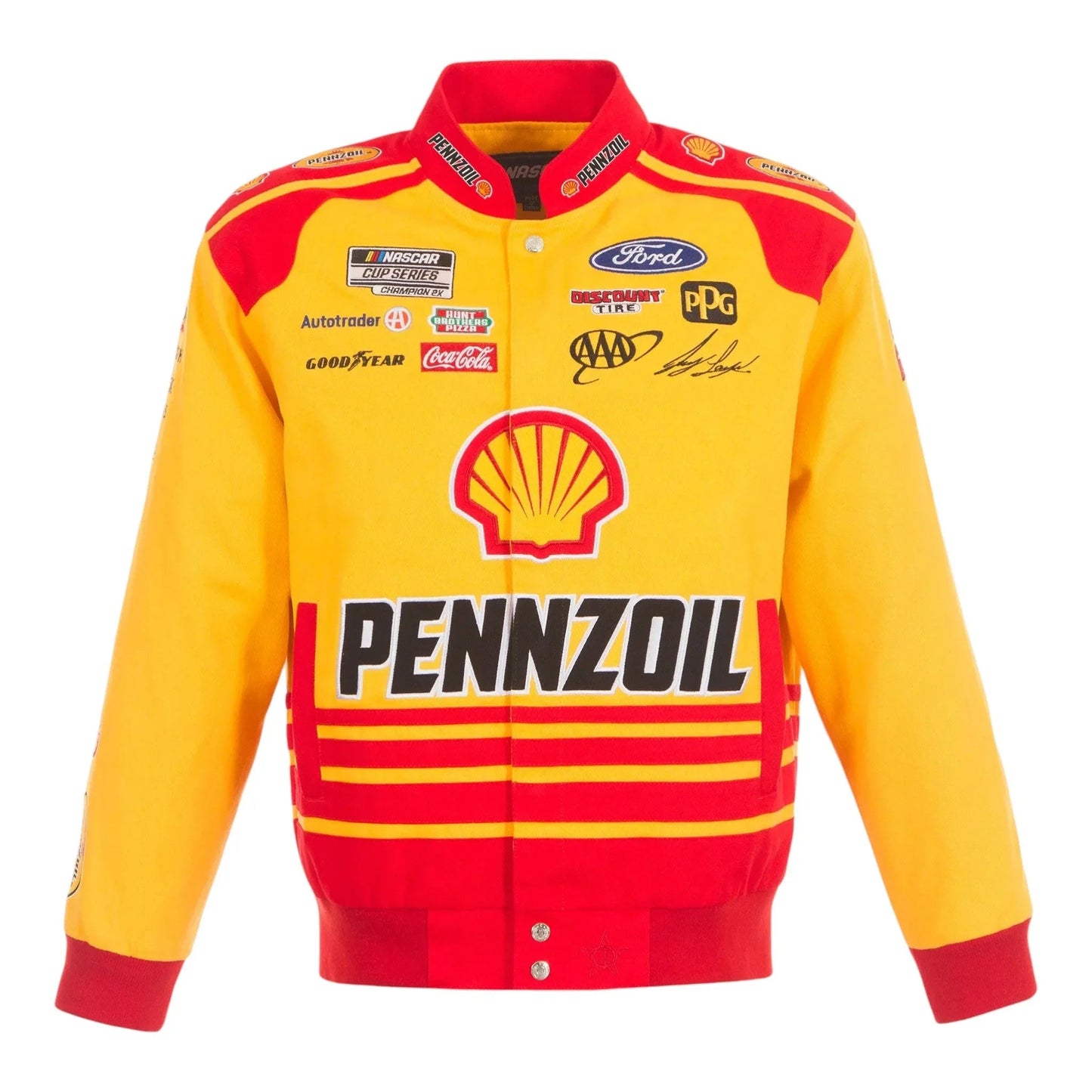Men's Joey Logano JH Design Yellow Shell Pennzoil Twill Driver Uniform Full-Snap Jacket