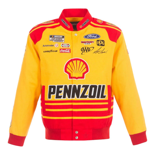 Men's Joey Logano JH Design Yellow Shell Pennzoil Twill Driver Uniform Full-Snap Jacket