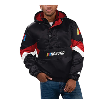 Men's NASCAR Starter Black Home Team Satin Half-Zip Hoodie Jacket
