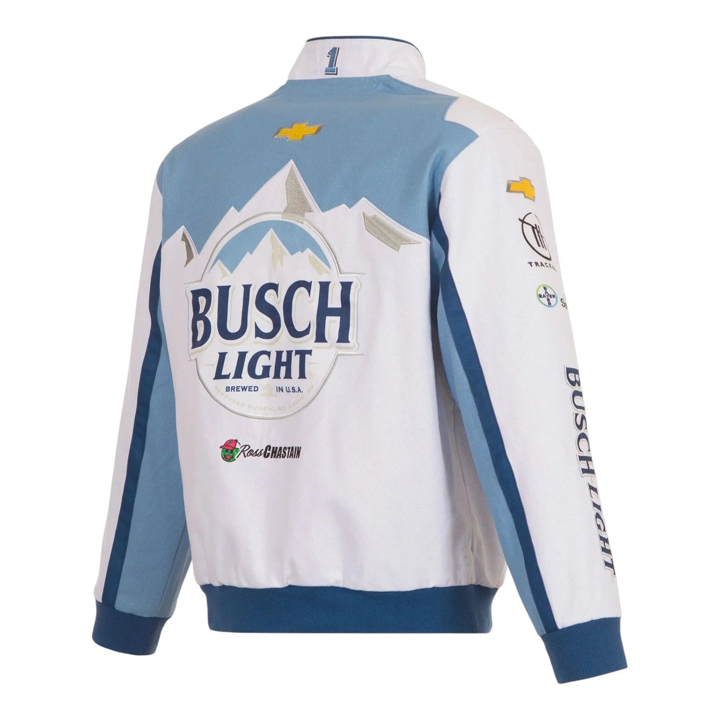Men's Ross Chastain JH Design White Busch Light Twill Driver Uniform Full-Snap Jacket