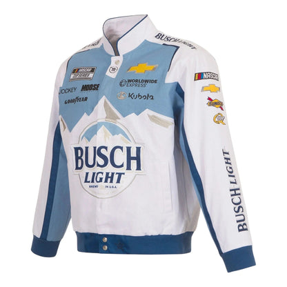 Men's Ross Chastain JH Design White Busch Light Twill Driver Uniform Full-Snap Jacket