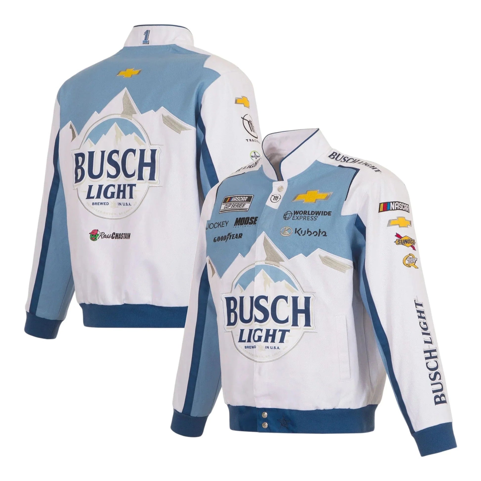 Men's Ross Chastain JH Design White Busch Light Twill Driver Uniform Full-Snap Jacket