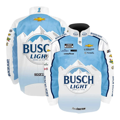 Men's Ross Chastain Trackhouse Racing Team Collection White Busch Light Nylon Uniform Full-Snap Jacket