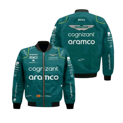 Aston Martin Aramco Cognizant F1 2023 Official Fernando Alonso Team Driver Bomber Jacket - F1 Vintage Racewear