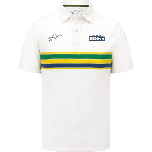 Ayrton Senna Men's Helmet Striped Polo Shirt - F1 Vintage Racewear