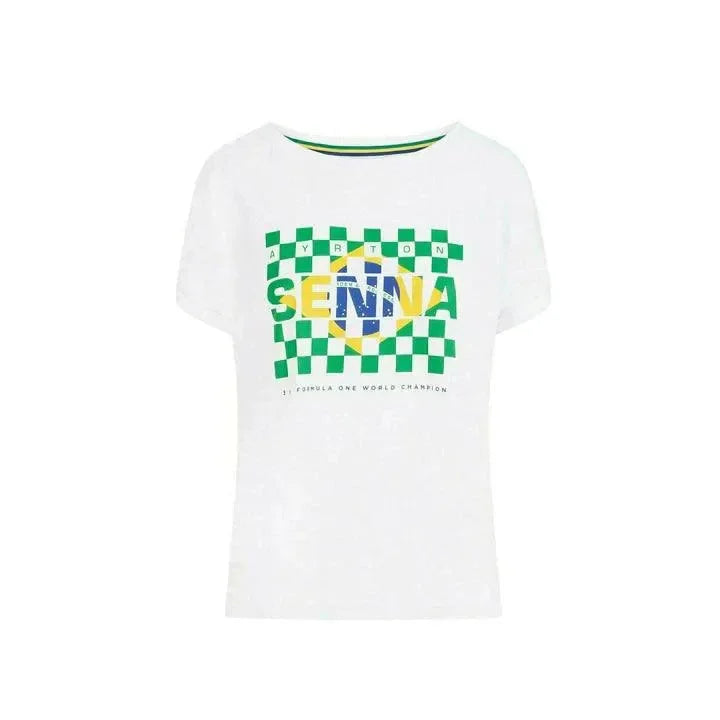 Ayrton Senna Women's Fanwear Flag T-Shirt- White - F1 Vintage Racewear