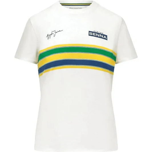 Ayrton Senna Women's Helmet Striped T-Shirt - F1 Vintage Racewear