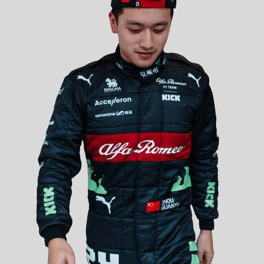 NEW ZHOU GUANYU 2023 ALFA ROMEO F1 TEAM KICK REPLICA RACE SUIT - BELGIAN GP - F1 Vintage Racewear