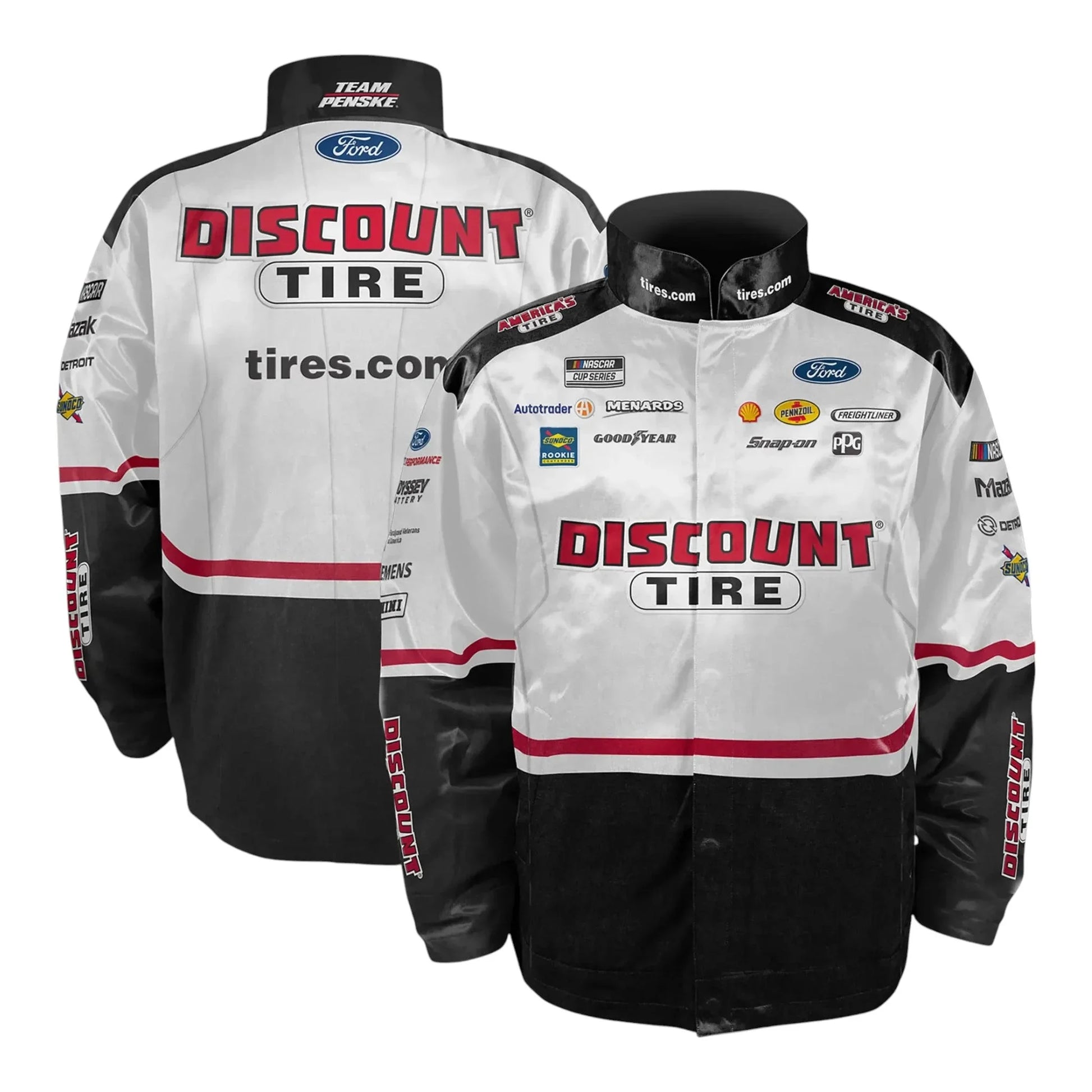 Men's Austin Cindric Team Penske White/Black Discount Tire Nylon Uniform Full-Snap Jacket - F1 Vintage Racewear