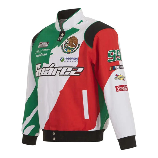 Men's Daniel Suarez JH Design White/Black Freeway Insurance Twill Driver Uniform Full-Snap Jacket - F1 Vintage Racewear