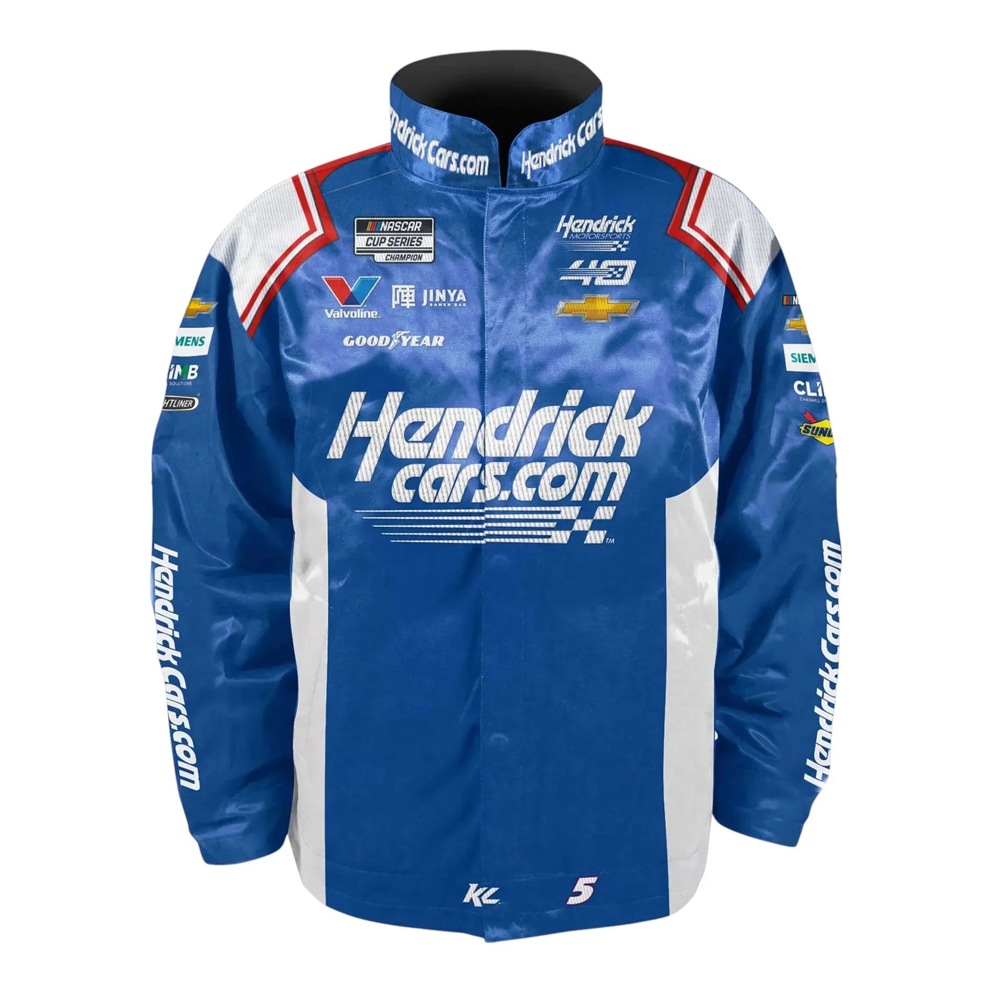 Men's Kyle Larson Hendrick Motorsports Team Collection Blue HendrickCars.com Nylon Uniform Full-Snap Jacket - F1 Vintage Racewear