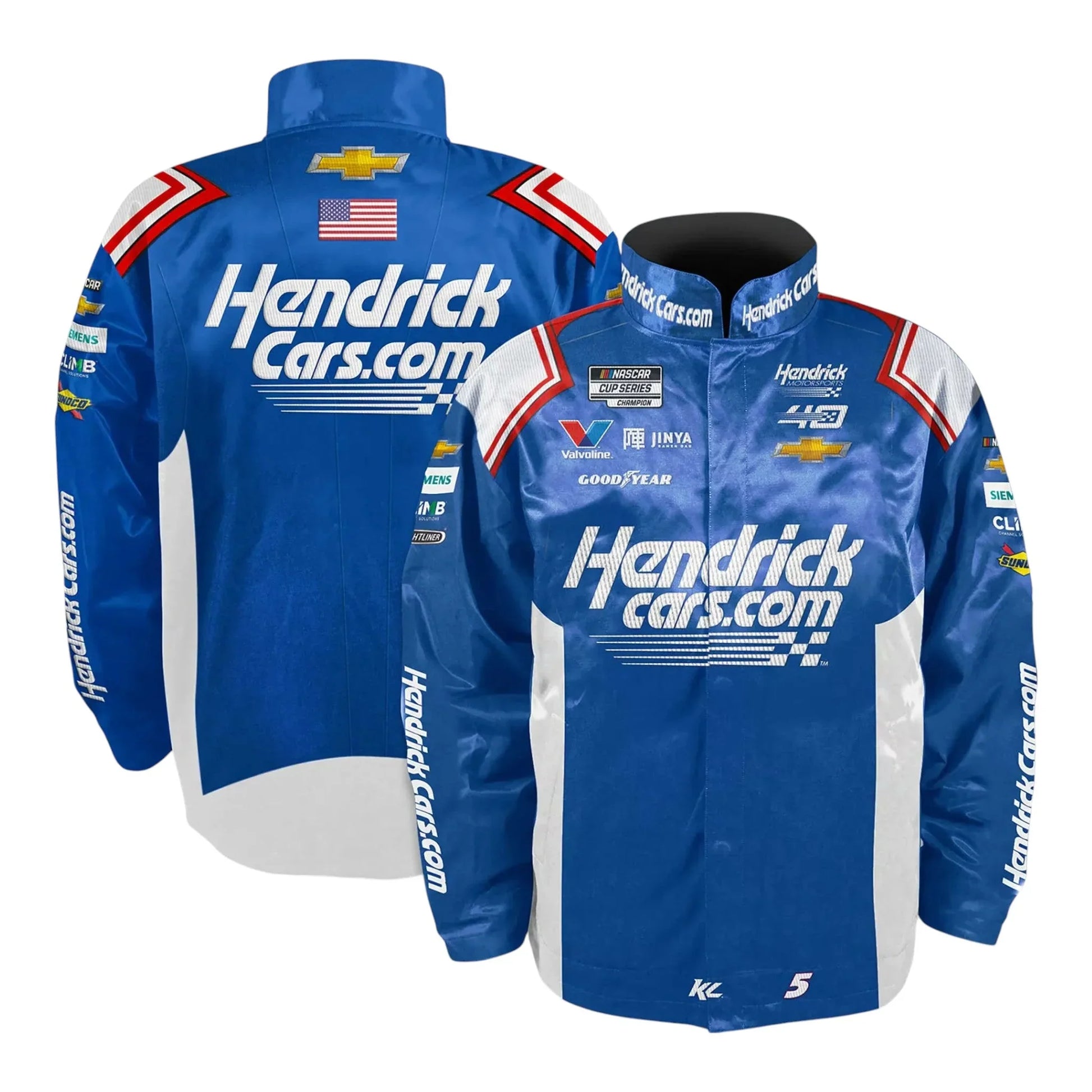 Men's Kyle Larson Hendrick Motorsports Team Collection Blue HendrickCars.com Nylon Uniform Full-Snap Jacket - F1 Vintage Racewear