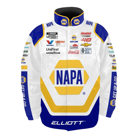 Men's Chase Elliott Hendrick Motorsports Team Collection White NAPA Nylon Uniform Full-Snap Jacket - F1 Vintage Racewear