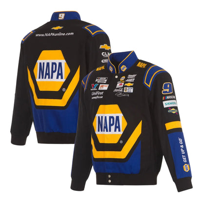 Men's Chase Elliott JH Design Black NAPA Twill Driver Uniform Full-Snap Jacket - F1 Vintage Racewear