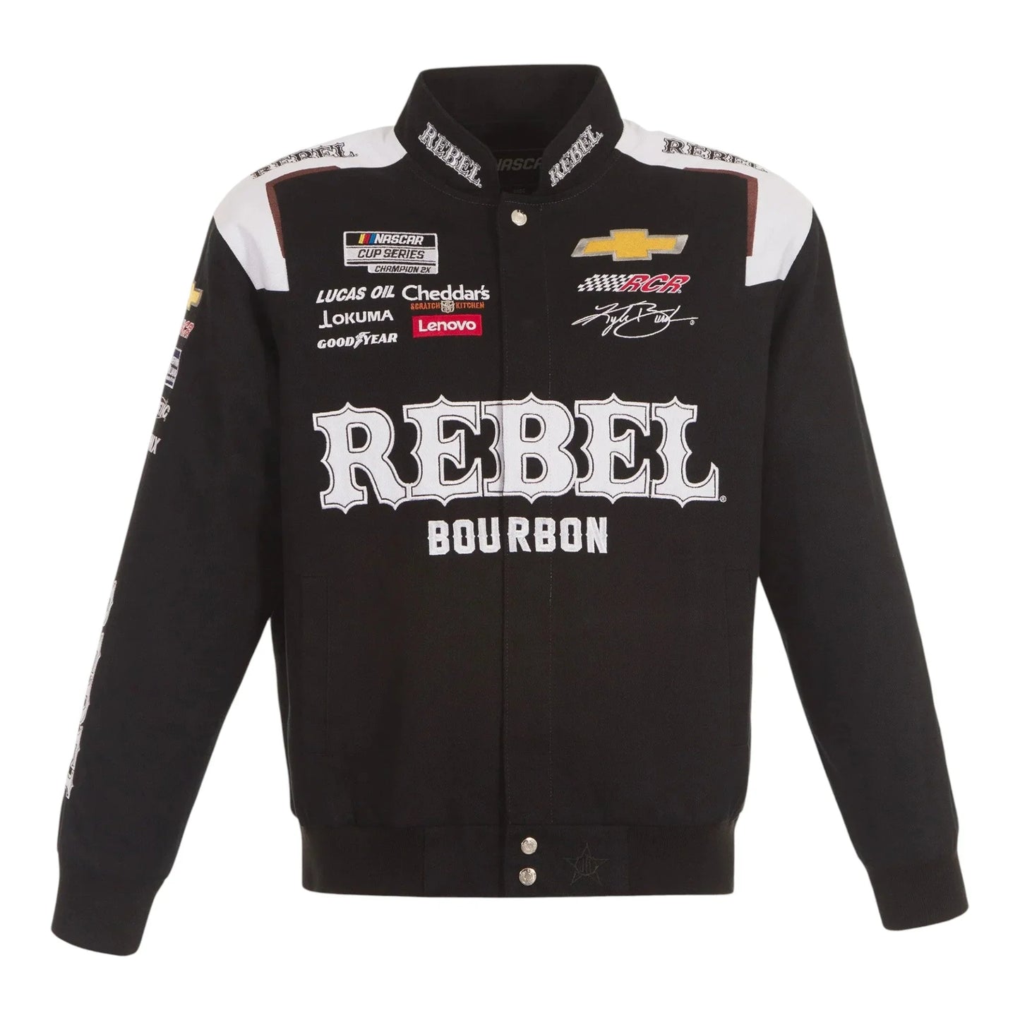 Men's Kyle Busch JH Design Black REBEL Bourbon Twill Driver Uniform Full-Snap Jacket - F1 Vintage Racewear