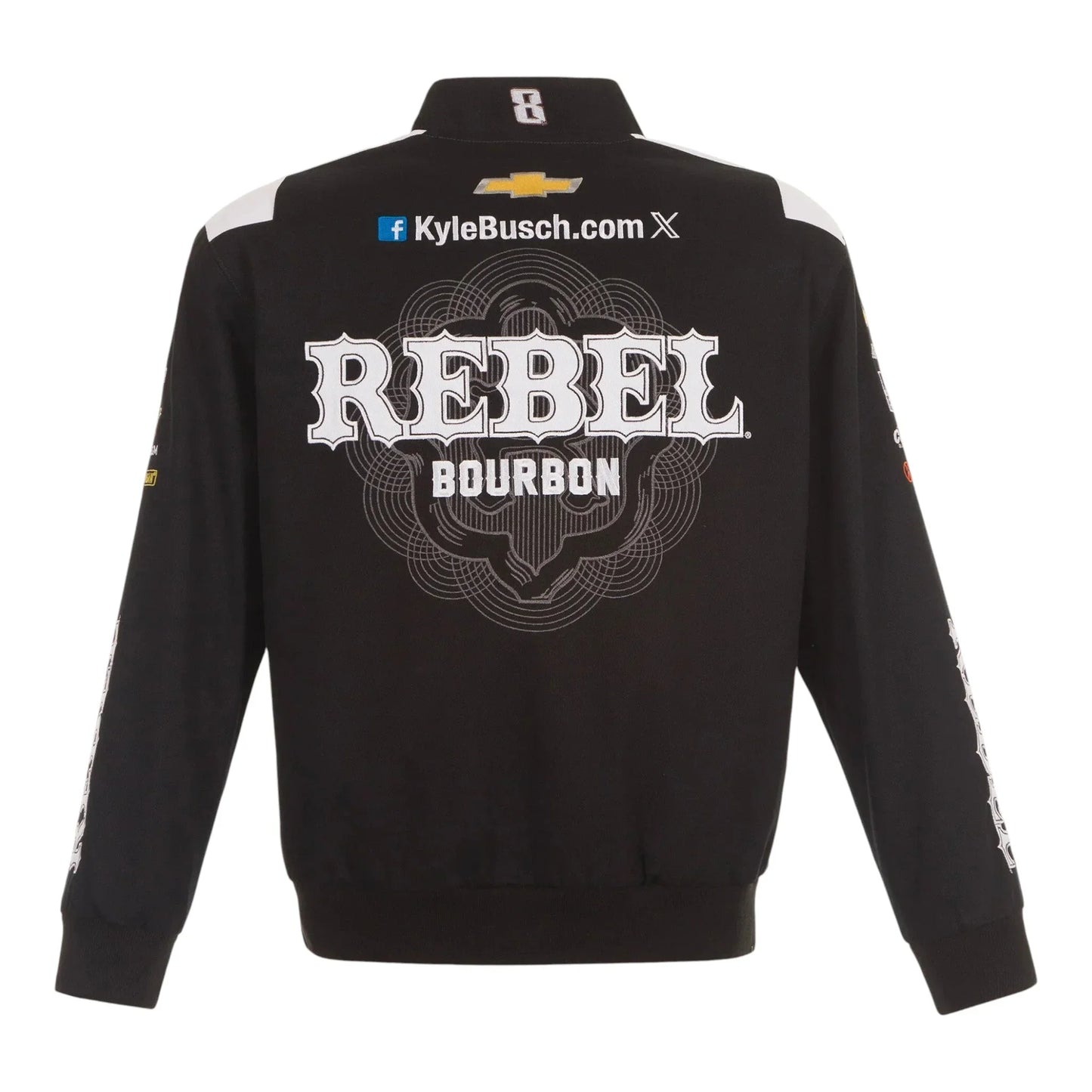 Men's Kyle Busch JH Design Black REBEL Bourbon Twill Driver Uniform Full-Snap Jacket - F1 Vintage Racewear