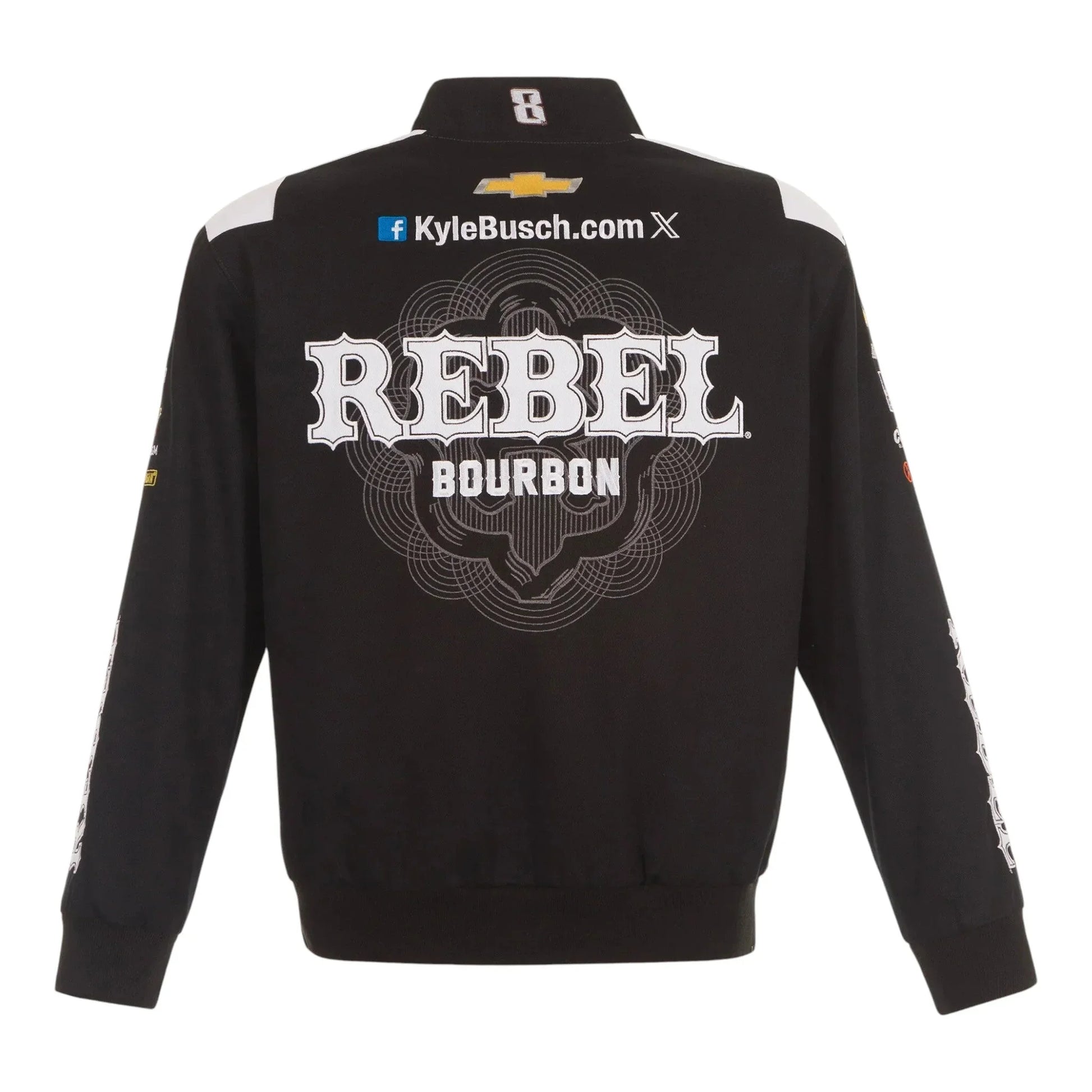 Men's Kyle Busch JH Design Black REBEL Bourbon Twill Driver Uniform Full-Snap Jacket - F1 Vintage Racewear