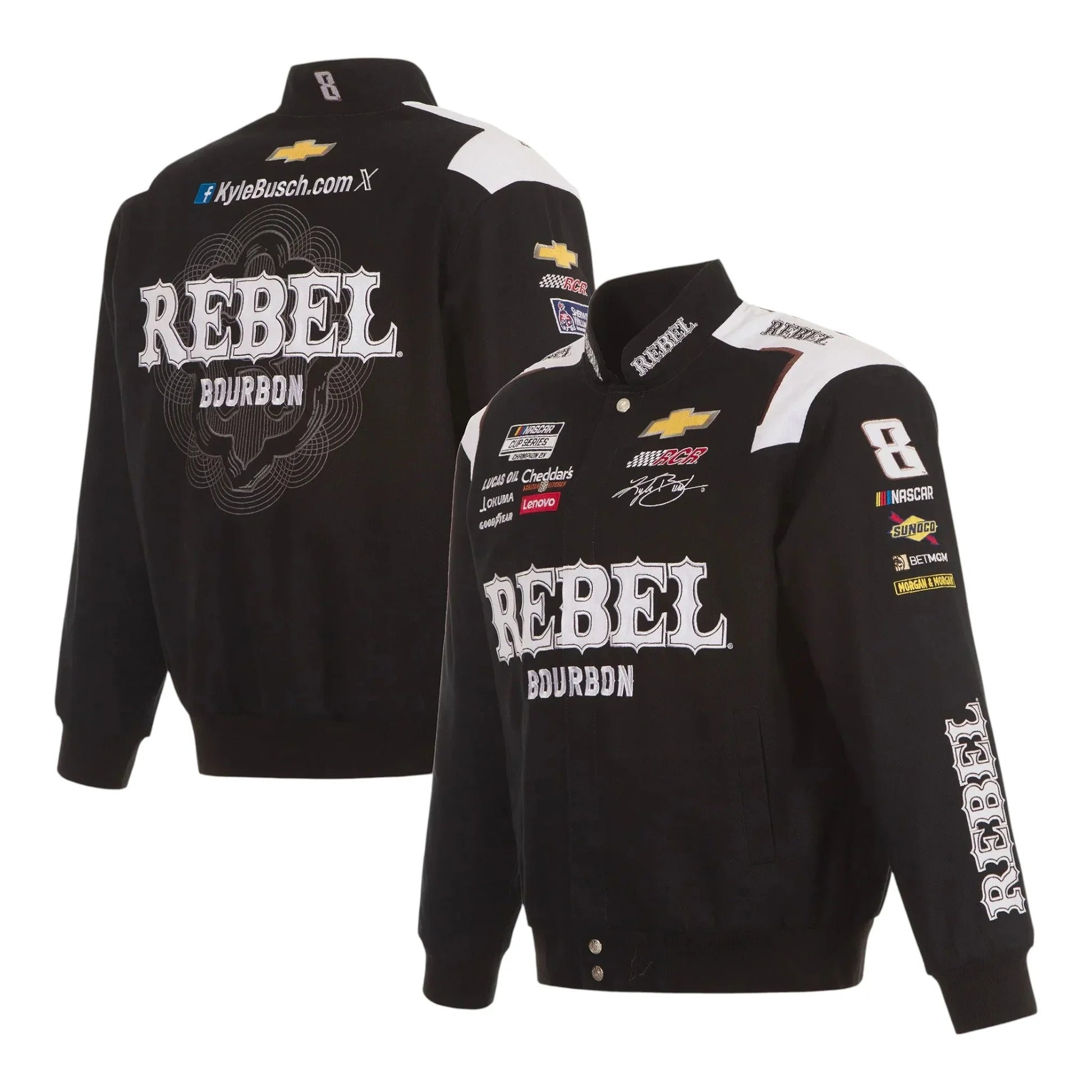 Men's Kyle Busch JH Design Black REBEL Bourbon Twill Driver Uniform Full-Snap Jacket - F1 Vintage Racewear