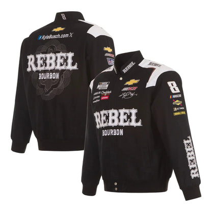 Men's Kyle Busch JH Design Black REBEL Bourbon Twill Driver Uniform Full-Snap Jacket - F1 Vintage Racewear