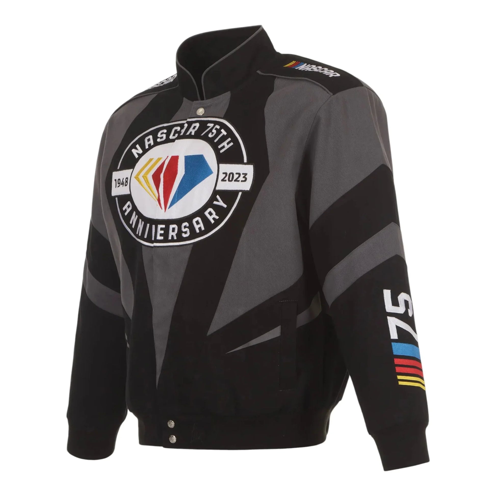 Men's JH Design Black NASCAR 75th Anniversary Twill Uniform Full-Snap Jacket - F1 Vintage Racewear