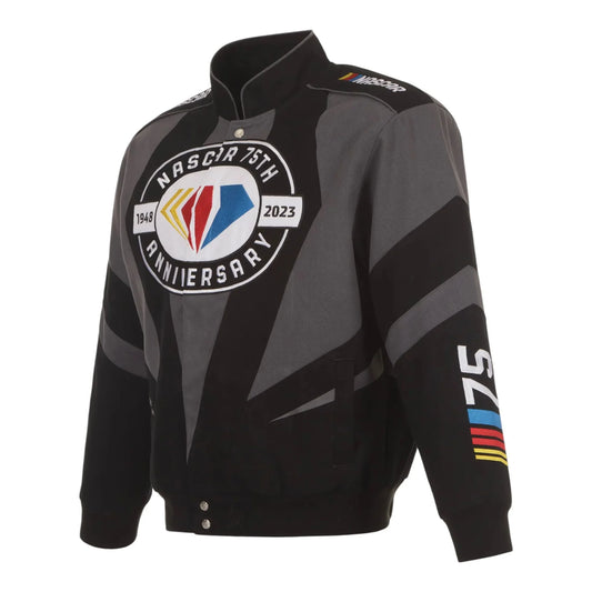 Men's JH Design Black NASCAR 75th Anniversary Twill Uniform Full-Snap Jacket - F1 Vintage Racewear