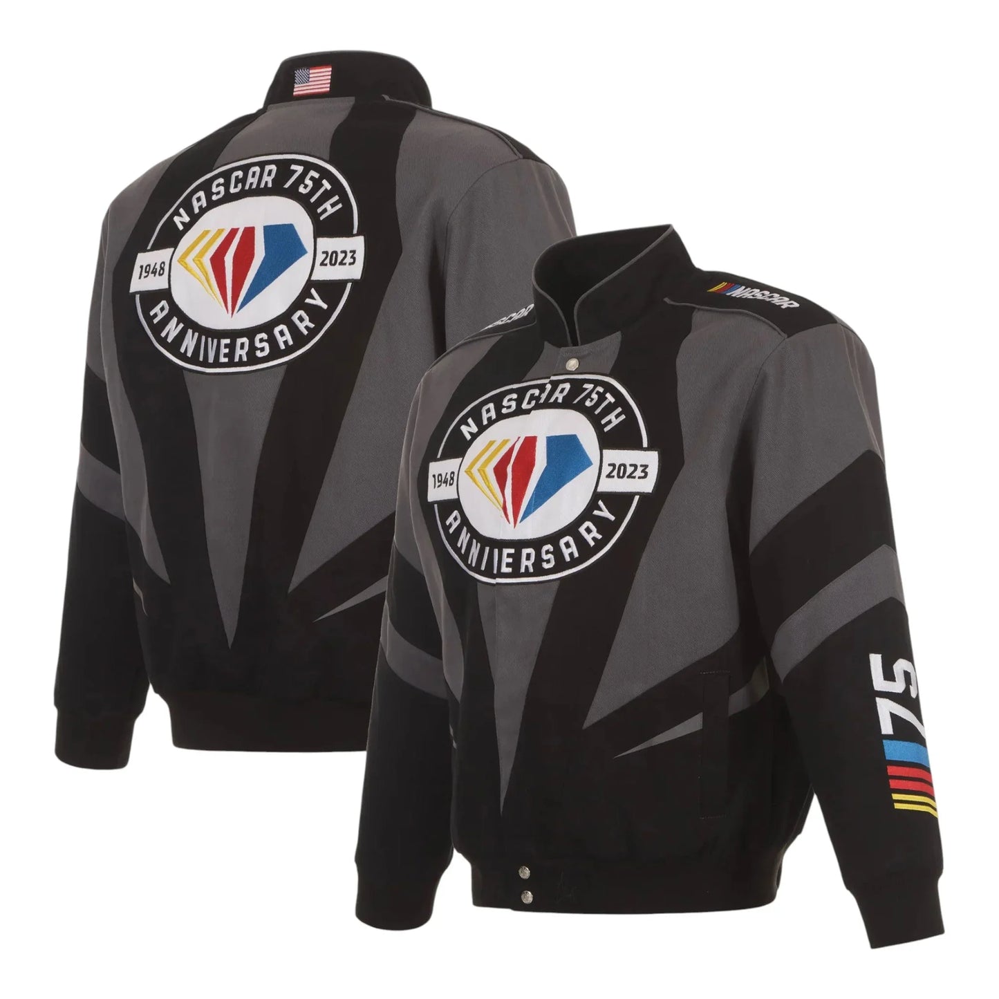Men's JH Design Black NASCAR 75th Anniversary Twill Uniform Full-Snap Jacket - F1 Vintage Racewear