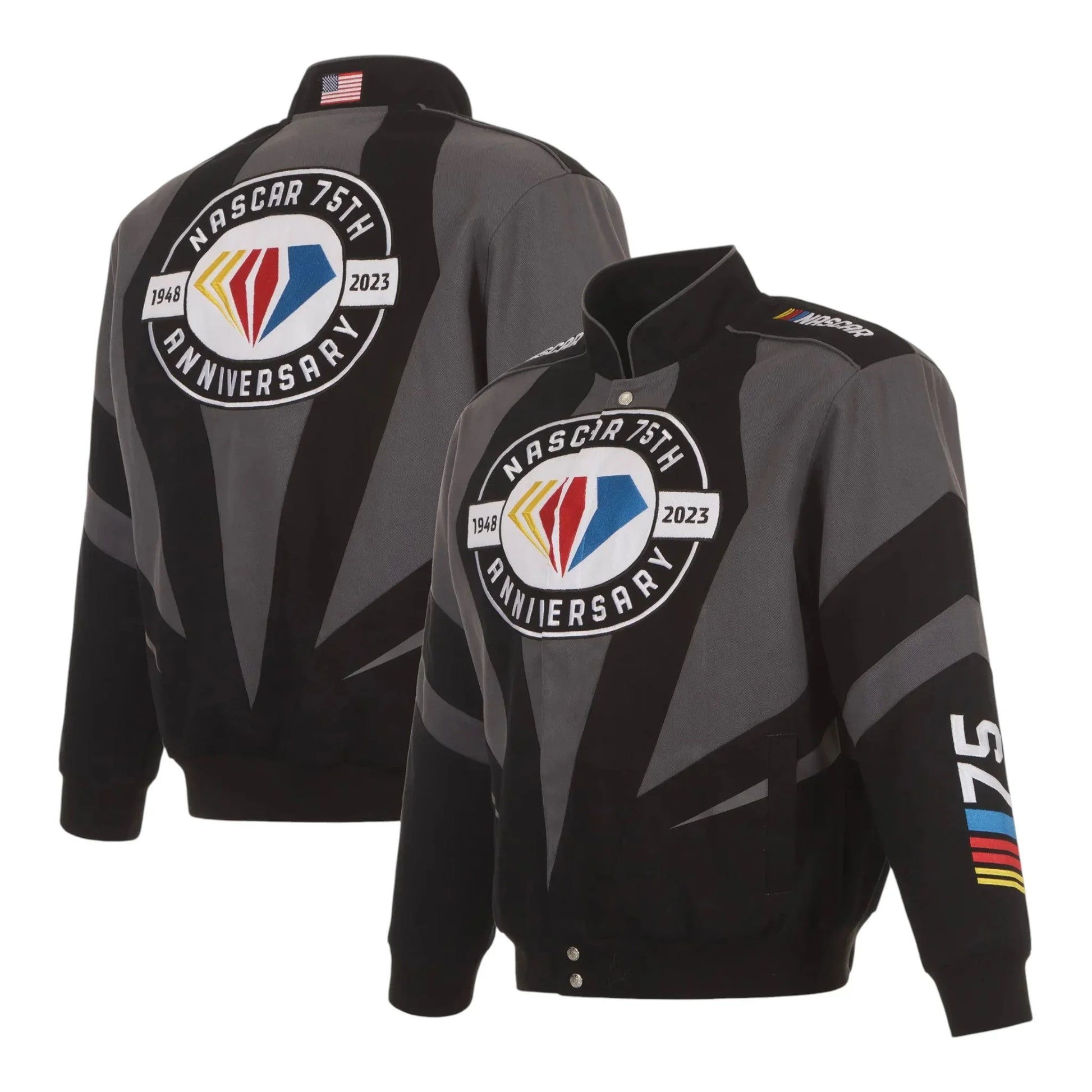 Men's JH Design Black NASCAR 75th Anniversary Twill Uniform Full-Snap Jacket - F1 Vintage Racewear