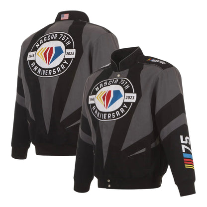 Men's JH Design Black NASCAR 75th Anniversary Twill Uniform Full-Snap Jacket - F1 Vintage Racewear