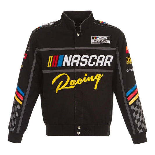 Men's NASCAR JH Design Black Twill Driver Uniform Full-Snap Jacket - F1 Vintage Racewear