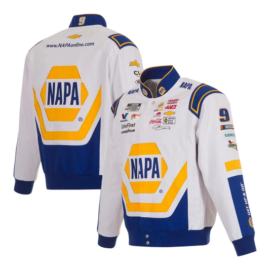Men's Chase Elliott JH Design White NAPA Twill Driver Uniform Full-Snap Jacket - F1 Vintage Racewear