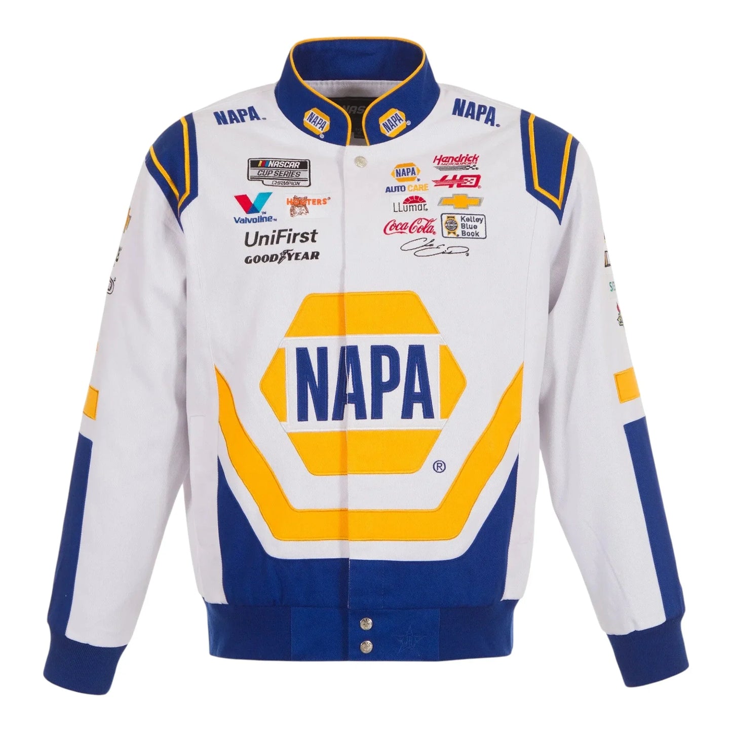 Men's Chase Elliott JH Design White NAPA Twill Driver Uniform Full-Snap Jacket - F1 Vintage Racewear